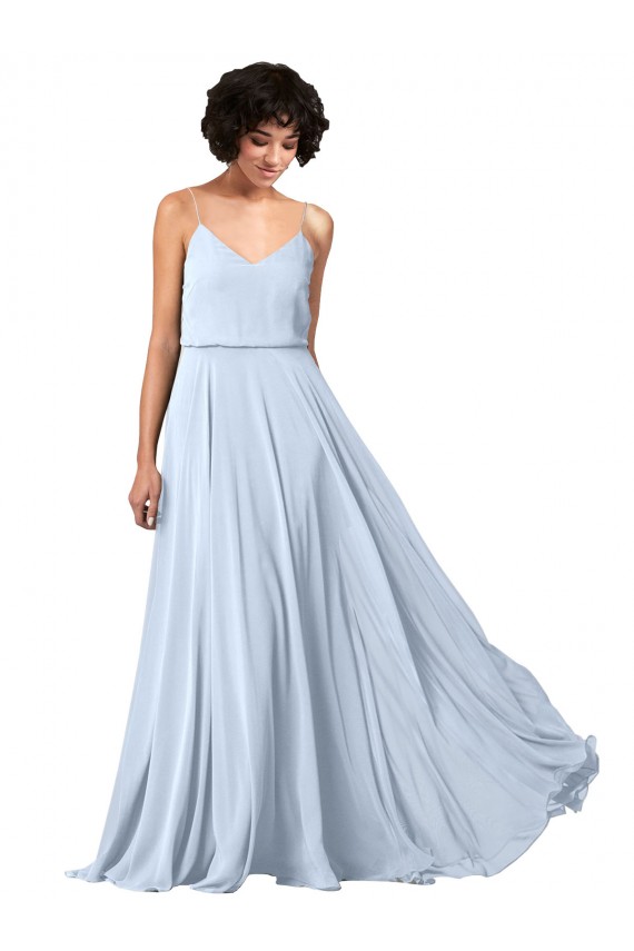 Azul cielo claro línea A Tirantes espagueti Cuello en V Gasa Largo Vestidos de dama de honor