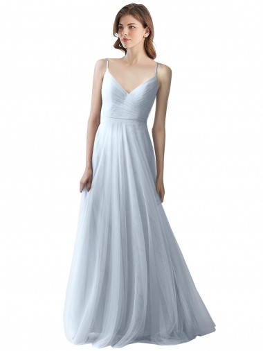 Azul cielo claro línea A Tirantes espagueti Cuello en V Tul Largo Vestidos de dama de honor