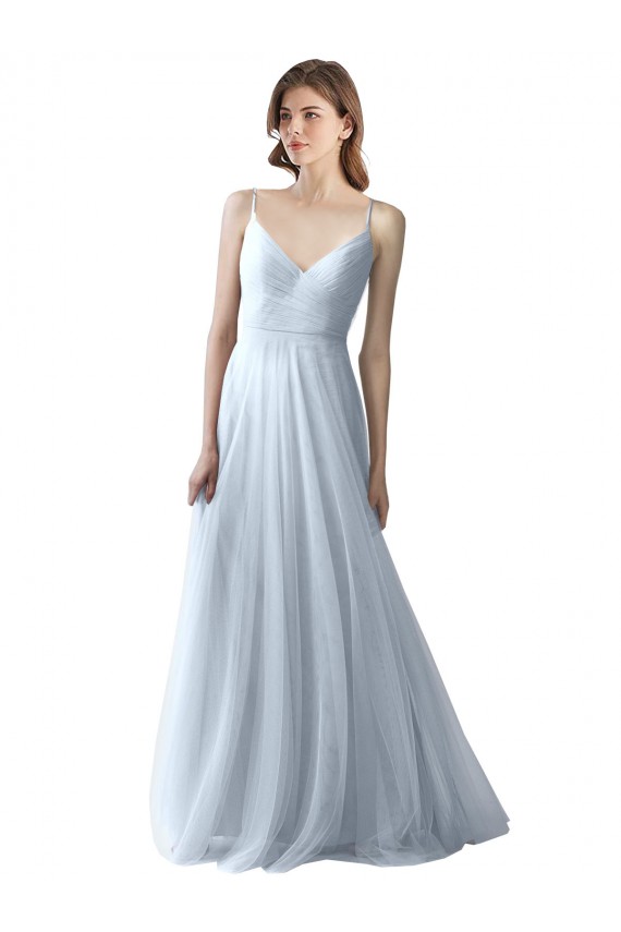 Azul cielo claro línea A Tirantes espagueti Cuello en V Tul Largo Vestidos de dama de honor