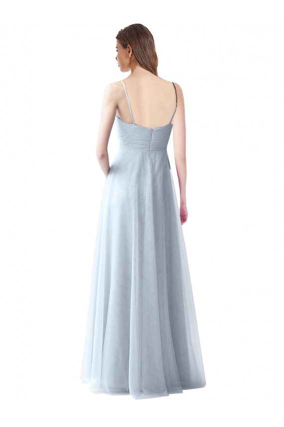 Azul cielo claro línea A Tirantes espagueti Cuello en V Tul Largo Vestidos de dama de honor