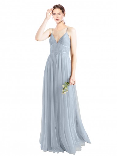 Azul cielo claro línea A Tirantes espagueti Cuello en V Tul Largo Vestidos de dama de honor