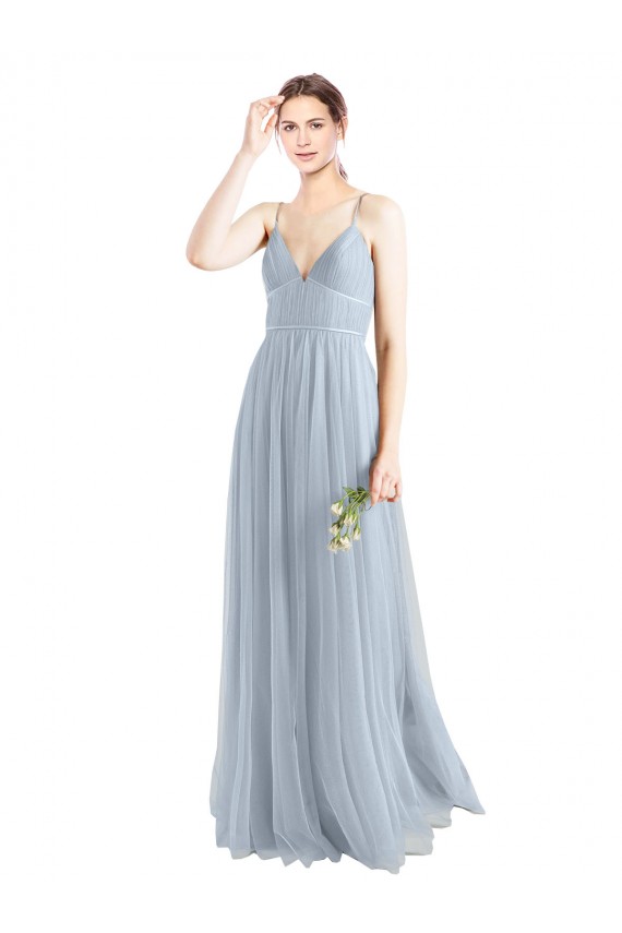 Azul cielo claro línea A Tirantes espagueti Cuello en V Tul Largo Vestidos de dama de honor