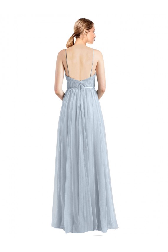 Azul cielo claro línea A Tirantes espagueti Cuello en V Tul Largo Vestidos de dama de honor