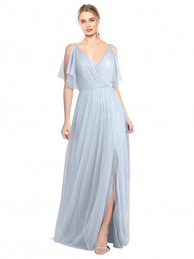 Azul cielo claro línea A Tirantes espagueti Cuello en V Tul Largo Vestidos de dama de honor