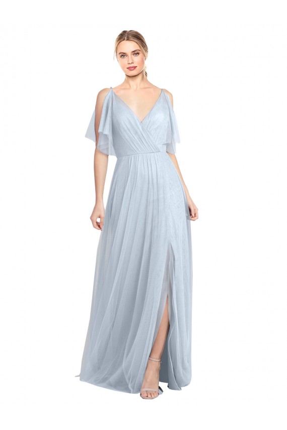 Azul cielo claro línea A Tirantes espagueti Cuello en V Tul Largo Vestidos de dama de honor