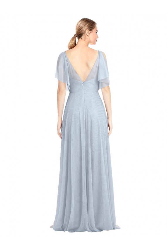 Azul cielo claro línea A Tirantes espagueti Cuello en V Tul Largo Vestidos de dama de honor