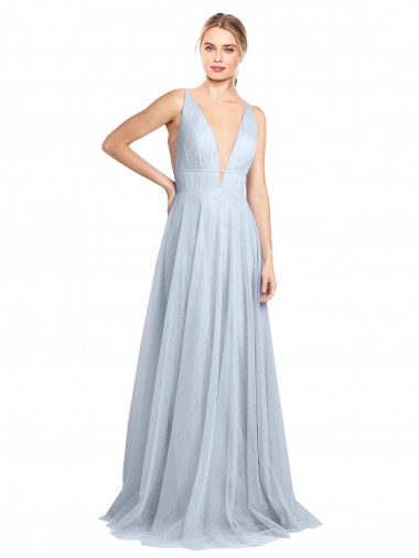 Azul cielo claro línea A Tirantes espagueti Cuello en V Tul Largo Vestidos de dama de honor