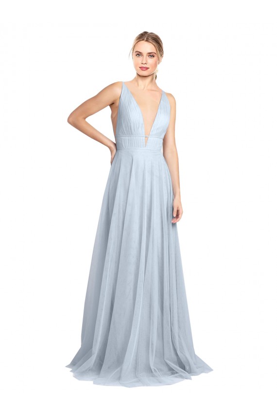 Azul cielo claro línea A Tirantes espagueti Cuello en V Tul Largo Vestidos de dama de honor