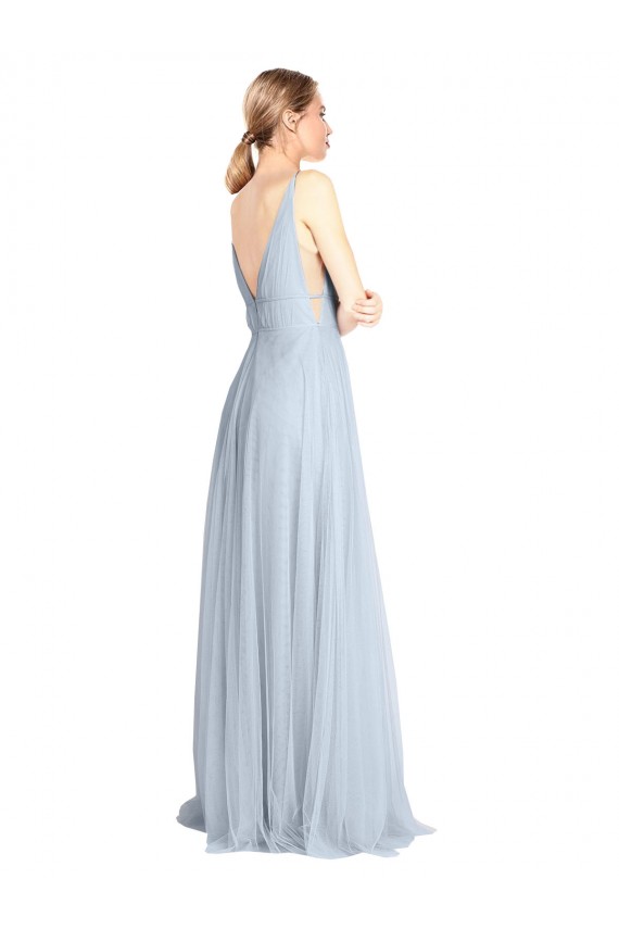 Azul cielo claro línea A Tirantes espagueti Cuello en V Tul Largo Vestidos de dama de honor
