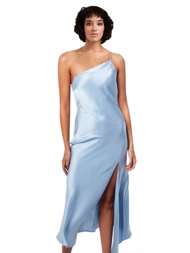 Azul cielo claro línea A Un Hombre Midi Satén sedoso Corto Formales Vestidos de dama de honor / Vestidos de fiesta / Vestidos de cóctel