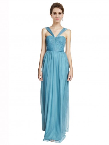 Azul cielo línea A Tirantes espagueti Halter Cuello en V Tul Largo Vestidos de dama de honor