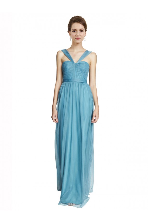 Azul cielo línea A Tirantes espagueti Halter Cuello en V Tul Largo Vestidos de dama de honor