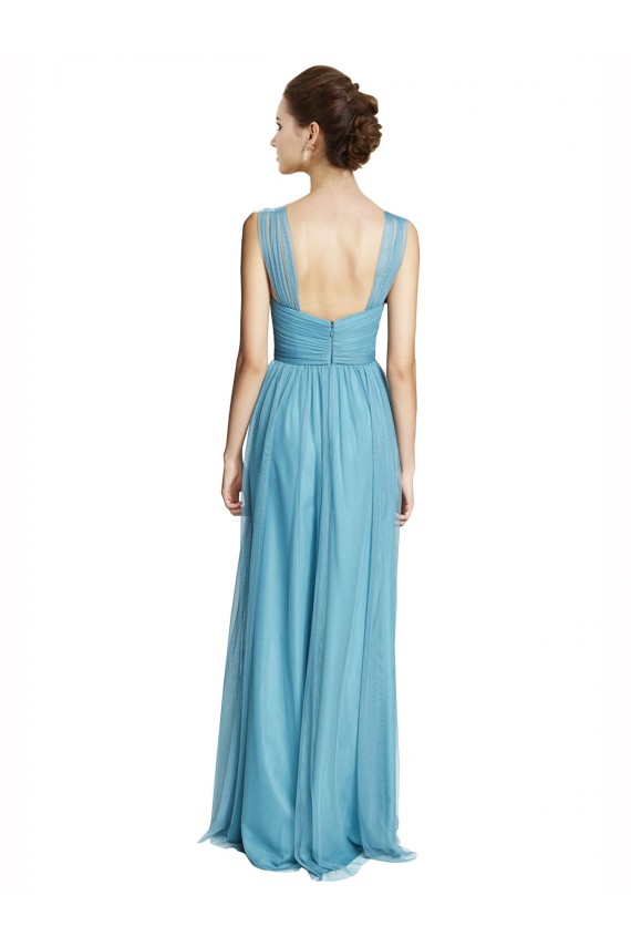 Azul cielo línea A Tirantes espagueti Halter Cuello en V Tul Largo Vestidos de dama de honor