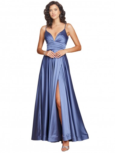Azul francés línea A Tirantes espagueti Satén sedoso Largo Formales Vestidos de dama de honor / Vestidos de fiesta