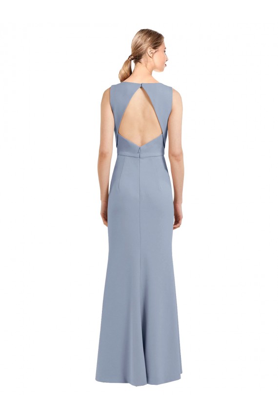 Azul humo Cubierta Cuello Barco Cuello Alto Crepé Elástico Largo Vestidos de dama de honor