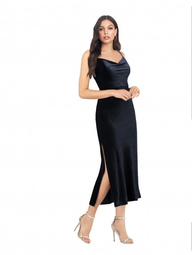 Azul marina oscuro Columna Midi Terciopelo Elástico Corto Formales Vestidos de dama de honor / Vestidos de fiesta / Vestidos de cóctel