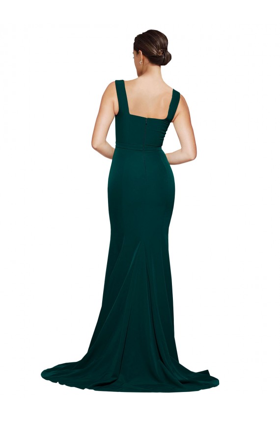 Verde Midnight Cubierta Cuadrado Barrer tren Crepé Elástico Largo Vestidos de dama de honor / Vestidos de fiesta