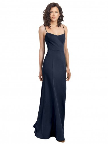 Azul marina oscuro Cubierta Cuello Alto Tirantes espagueti Crepé Elástico Largo Formales Vestidos de dama de honor / Vestidos de fiesta
