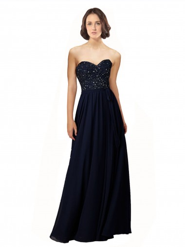 Azul marina oscuro Cubierta Cuello de Corazón Gasa Largo Vestidos de dama de honor