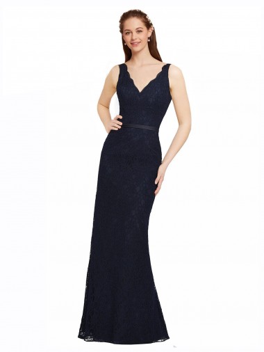 Azul marina oscuro Cubierta Cuello en V Encaje Largo Vestidos de dama de honor