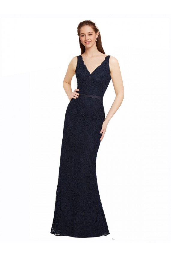 Azul marina oscuro Cubierta Cuello en V Encaje Largo Vestidos de dama de honor