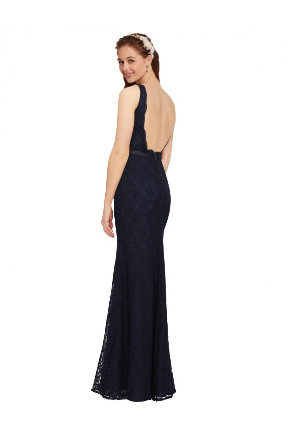 Azul marina oscuro Cubierta Cuello en V Encaje Largo Vestidos de dama de honor
