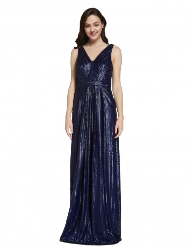 Azul marina oscuro Cubierta Cuello en V Lentejuela Largo Formales Vestidos de dama de honor / Vestidos de fiesta