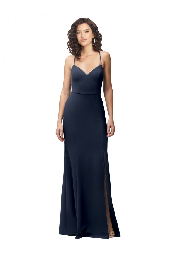 Azul marina oscuro Cubierta Tirantes espagueti Crepé Elástico Largo Formales Vestidos de dama de honor / Vestidos de fiesta