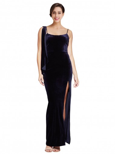 Azul marina oscuro Cubierta Tirantes espagueti Cuadrado Terciopelo Elástico Largo Formales Vestidos de dama de honor / Vestidos de fiesta