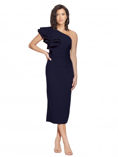 Azul marina oscuro Cubierta Un Hombre Midi Crepé Elástico Corto Formales Vestidos de dama de honor / Vestidos de fiesta / Vestidos de cóctel