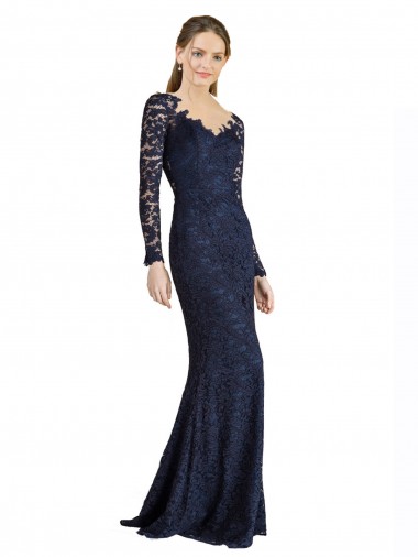 Azul marina oscuro Sirena Cuello de Corazón Encaje Largo Vestidos de dama de honor / Vestidos de fiesta