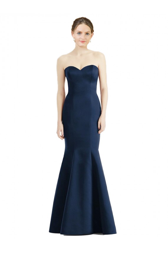 Azul marina oscuro Sirena Cuello de Corazón Satén Largo Vestidos de dama de honor