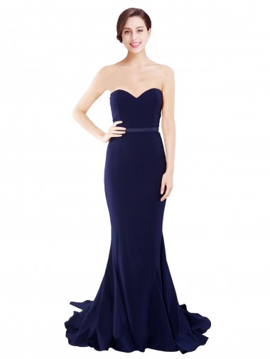 Azul marina oscuro Sirena Cuello de Corazón Sin tirantes Barrer tren Crepé Elástico Largo Vestidos de dama de honor / Vestidos de fiesta