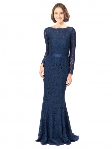 Azul marina oscuro Sirena Cuello joya Barrer tren Encaje Largo Vestidos de dama de honor