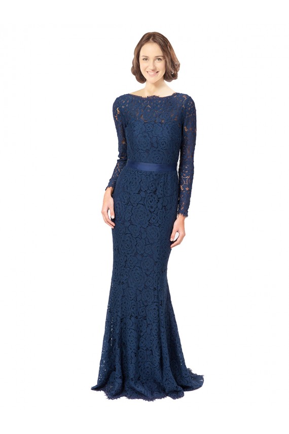 Azul marina oscuro Sirena Cuello joya Barrer tren Encaje Largo Vestidos de dama de honor