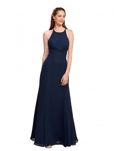 Azul marina oscuro Sirena Halter Cuello Alto Gasa Largo Vestidos de dama de honor / Vestidos de fiesta