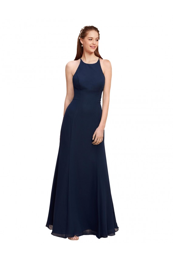 Azul marina oscuro Sirena Halter Cuello Alto Gasa Largo Vestidos de dama de honor / Vestidos de fiesta