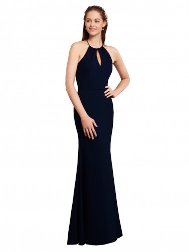 Azul marina oscuro Sirena Halter Gasa Largo Vestidos de dama de honor