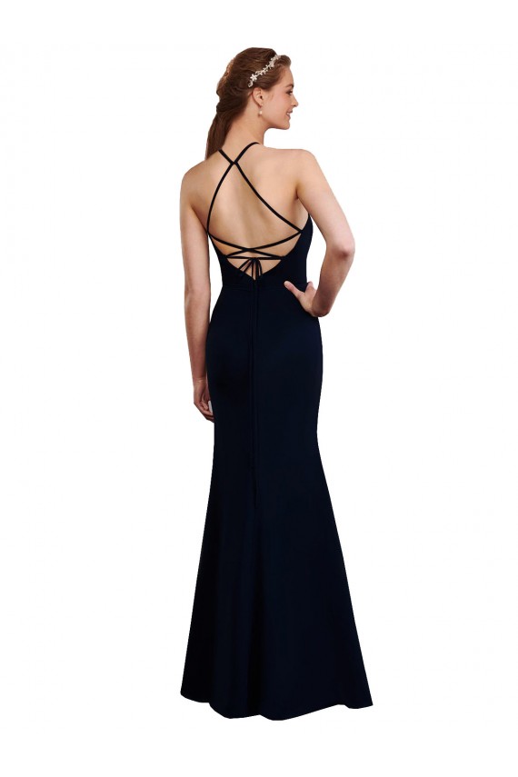 Azul marina oscuro Sirena Halter Gasa Largo Vestidos de dama de honor