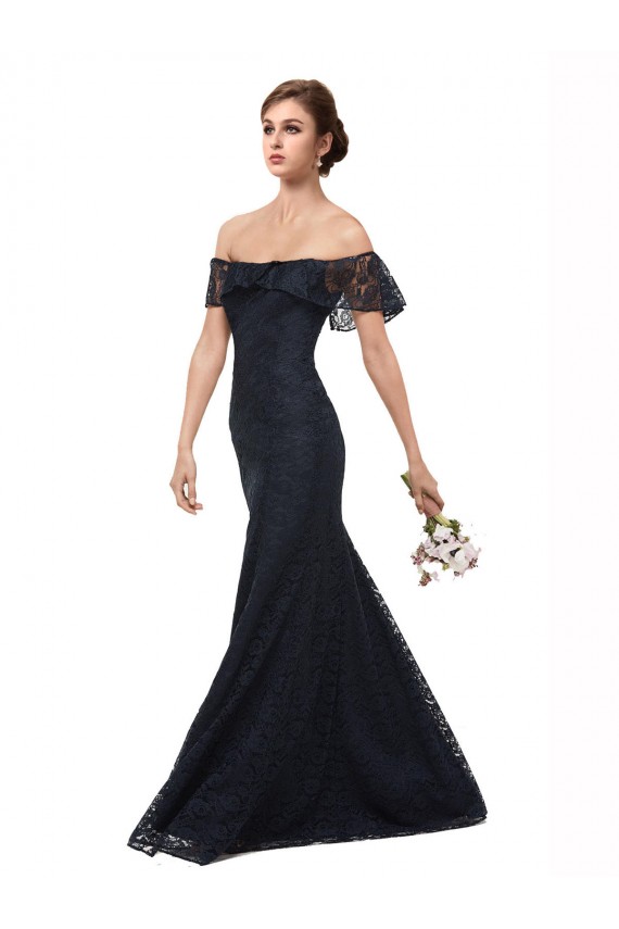 Azul marina oscuro Sirena Hombros Descubiertos Encaje Largo Vestidos de dama de honor / Vestidos de fiesta