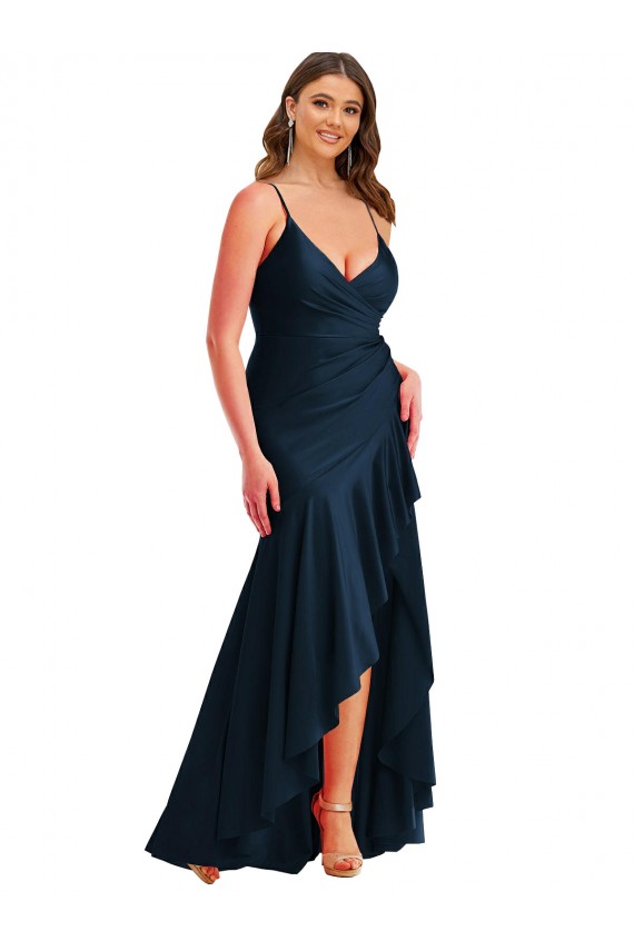 Azul marina oscuro Sirena Tirantes espagueti Satén sedoso Largo Asimétrico Formales Vestidos de dama de honor / Vestidos de fiesta