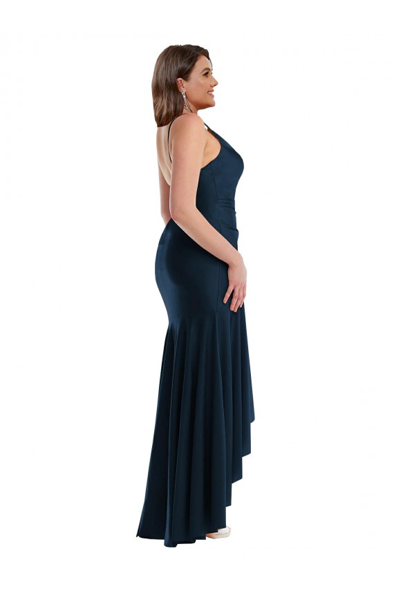 Azul marina oscuro Sirena Tirantes espagueti Satén sedoso Largo Asimétrico Formales Vestidos de dama de honor / Vestidos de fiesta