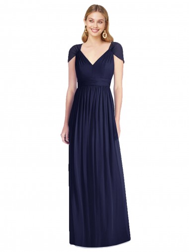 Azul marina oscuro Trompeta Cuello en V Gasa Largo Vestidos de dama de honor