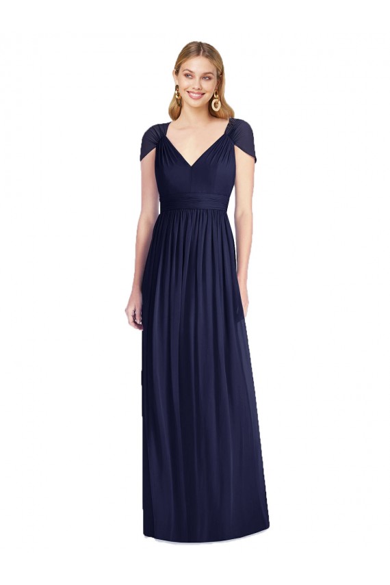 Azul marina oscuro Trompeta Cuello en V Gasa Largo Vestidos de dama de honor