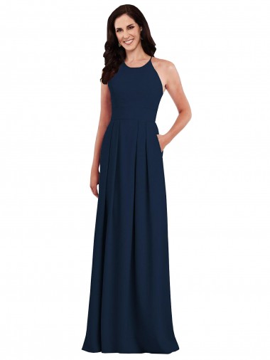 Azul marina oscuro Trompeta Halter Crepé Elástico Largo Vestidos de dama de honor