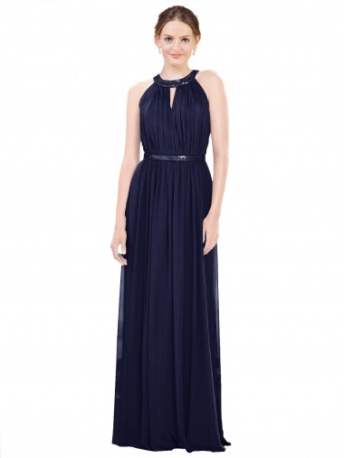 Azul marina oscuro línea A Cuello Alto Gasa Largo Vestidos de dama de honor