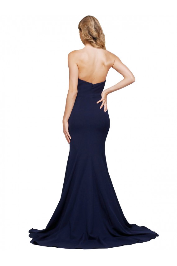 Azul marina oscuro línea A Cuello de Corazón Barrer tren Crepé Elástico Largo Formales Vestidos de dama de honor / Vestidos de fiesta
