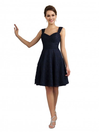Azul marina oscuro línea A Cuello de Corazón Encaje Corto Vestidos de dama de honor / Vestidos de cóctel