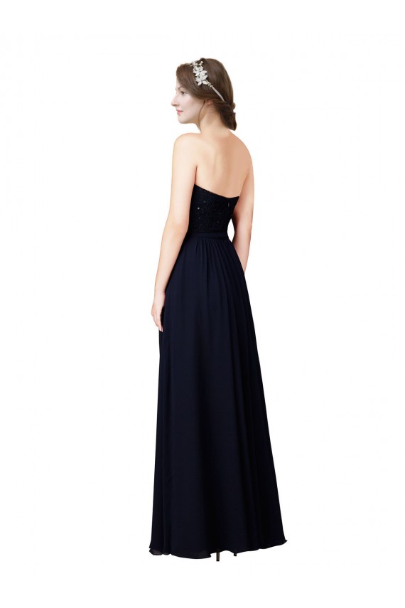 Azul marina oscuro línea A Cuello de Corazón Gasa Largo Vestidos de dama de honor