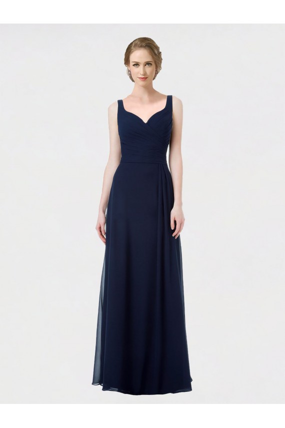 Azul marina oscuro línea A Cuello de Corazón Gasa Largo Vestidos de dama de honor